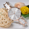 Exclusive Ladies Ceramic Diamonds Waterproof Quartz Watch — Rose Gold White — Front View