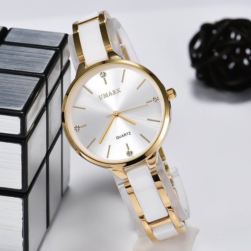 Exclusive Ladies Ceramic Diamonds Waterproof Quartz Watch — Rose Gold White — Lifestyle View
