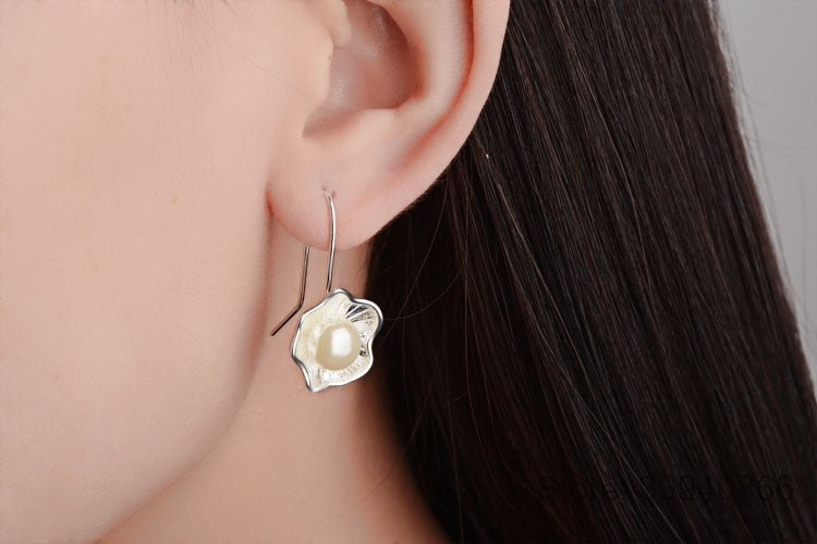 Exclusive Ladies Silver Pearl Lotus Earrings — Silver lotus — Detail View