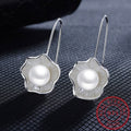 Exclusive Ladies Silver Pearl Lotus Earrings — Silver lotus — Front View