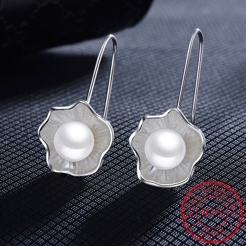 Exclusive Ladies Silver Pearl Lotus Earrings — Silver lotus — Front View