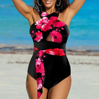 Exclusive Plus Size Sexy Spaghetti Strap One-Piece Swimsuit — Plaid — Size L — Side View