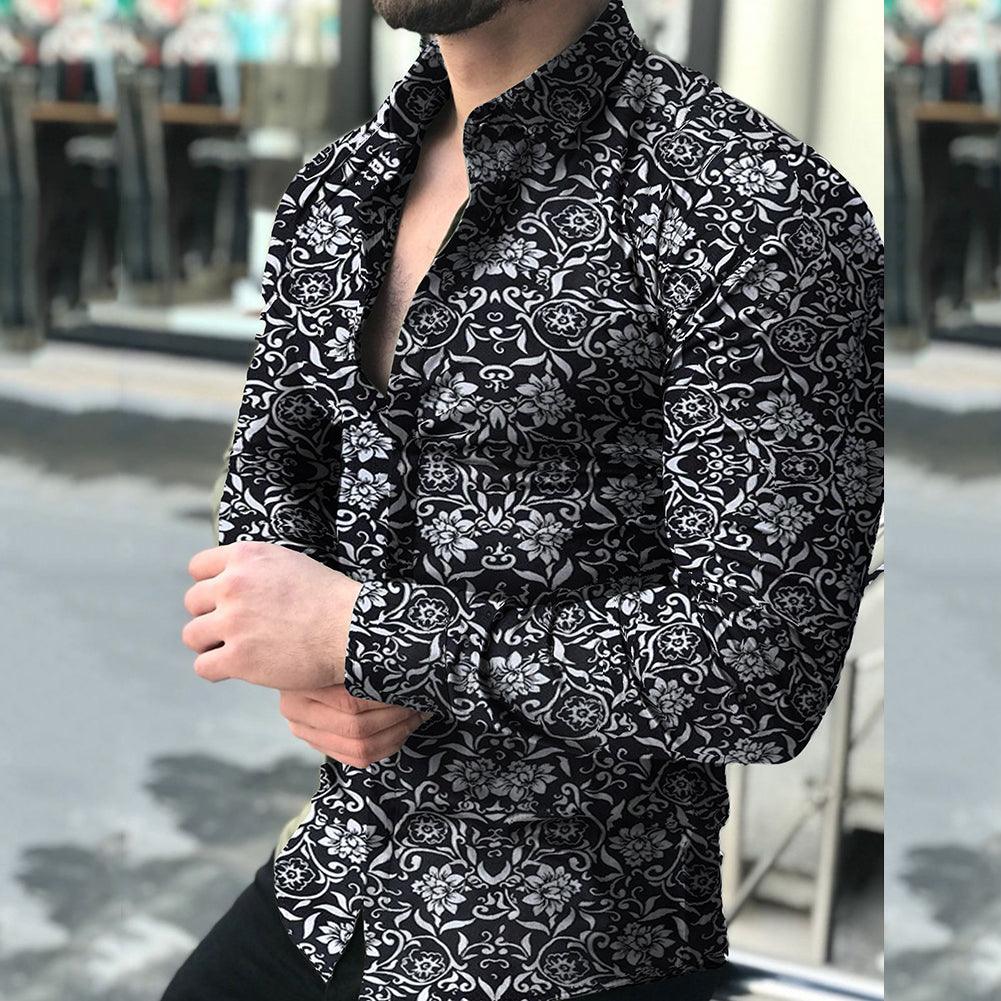 Exclusive Lapel printed long-sleeved casual floral shirt — Black — Size 3XL — Detail View