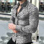Exclusive Lapel printed long-sleeved casual floral shirt — Black — Size 3XL — Back View