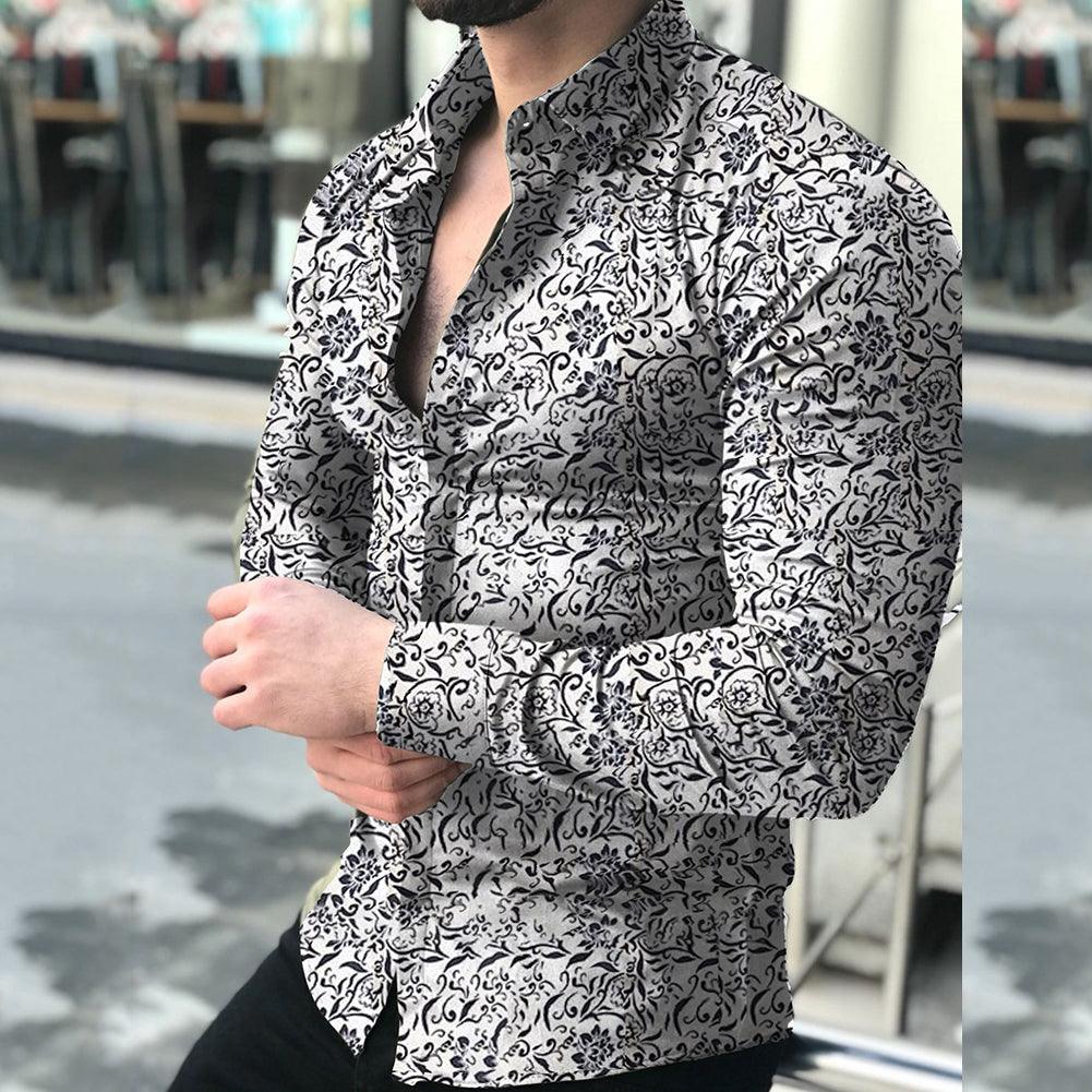 Exclusive Lapel printed long-sleeved casual floral shirt — Black — Size 3XL — Back View