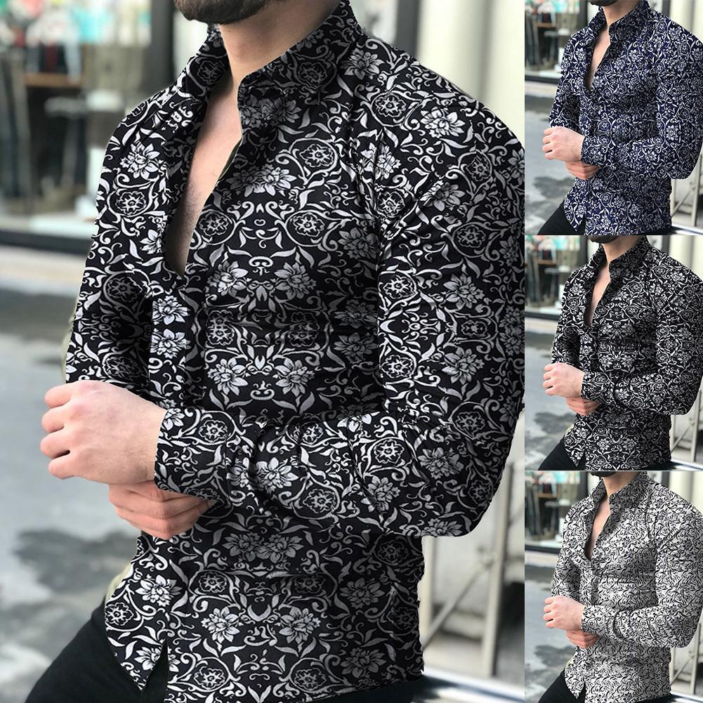 Exclusive Lapel printed long-sleeved casual floral shirt — Black — Size 3XL — Front View