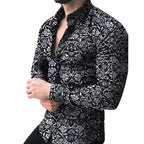 Exclusive Lapel printed long-sleeved casual floral shirt — Black — Size 3XL — Top View