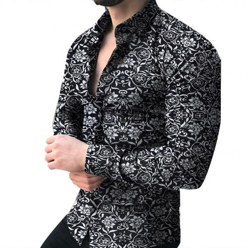 Exclusive Lapel printed long-sleeved casual floral shirt — Black — Size 3XL — Top View
