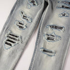 Exclusive Men's Light Color Printed Slim Jeans — Light Blue — Size 28 — Detail View