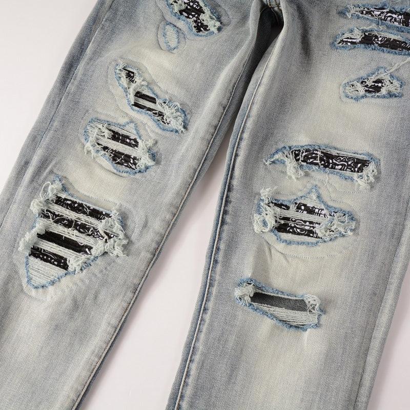 Exclusive Men's Light Color Printed Slim Jeans — Light Blue — Size 28 — Detail View