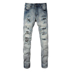 Exclusive Men's Light Color Printed Slim Jeans — Light Blue — Size 28 — Top View