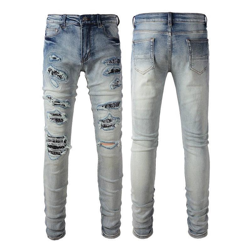 Exclusive Men's Light Color Printed Slim Jeans — Light Blue — Size 28 — Side View