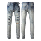 Exclusive Men's Light Color Printed Slim Jeans — Light Blue — Size 28 — Side View