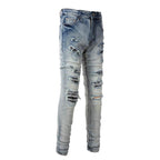 Exclusive Men's Light Color Printed Slim Jeans — Light Blue — Size 28 — Back View