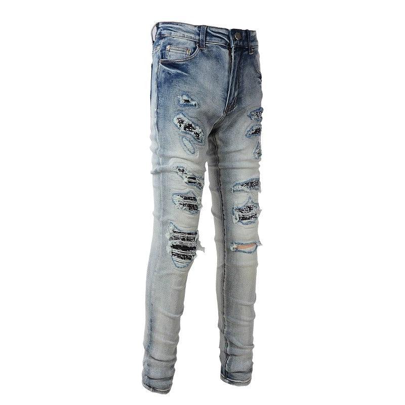 Exclusive Men's Light Color Printed Slim Jeans — Light Blue — Size 28 — Back View
