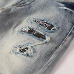 Exclusive Men's Light Color Printed Slim Jeans — Light Blue — Size 28 — Lifestyle View