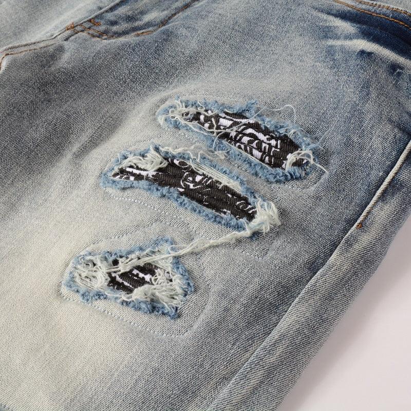 Exclusive Men's Light Color Printed Slim Jeans — Light Blue — Size 28 — Lifestyle View