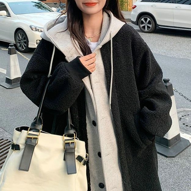 Exclusive Long Hooded Dress Coat — Black — Size S — Side View