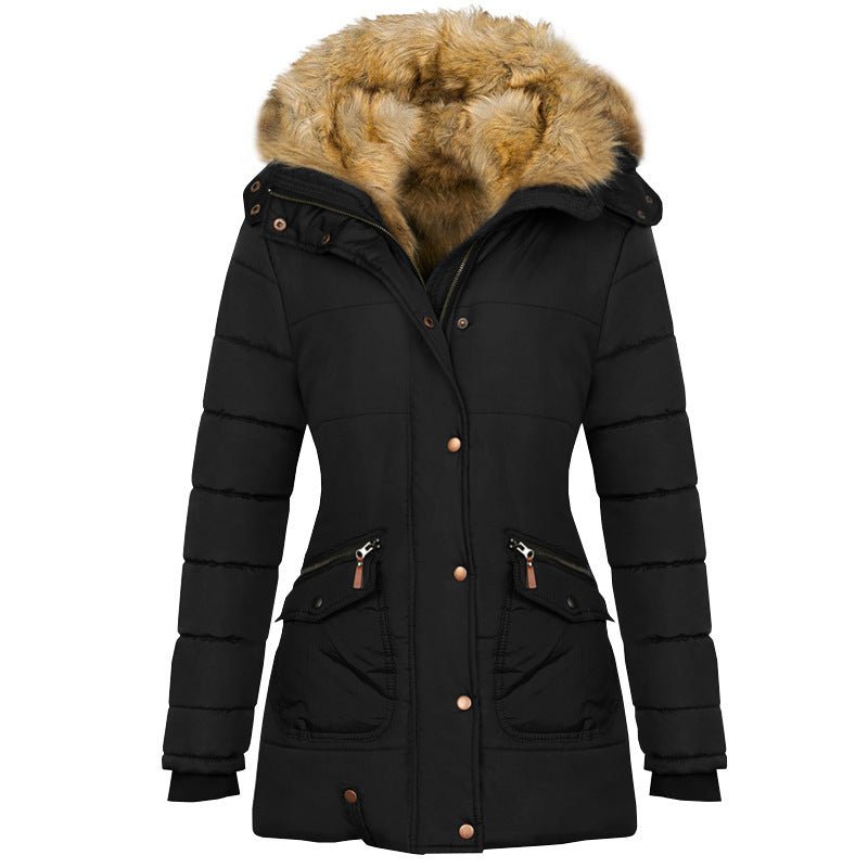 Exclusive Long Sleeved Pocket Decorated Waist Warm Cotton Padded Jacket — Black — Size S — Top View