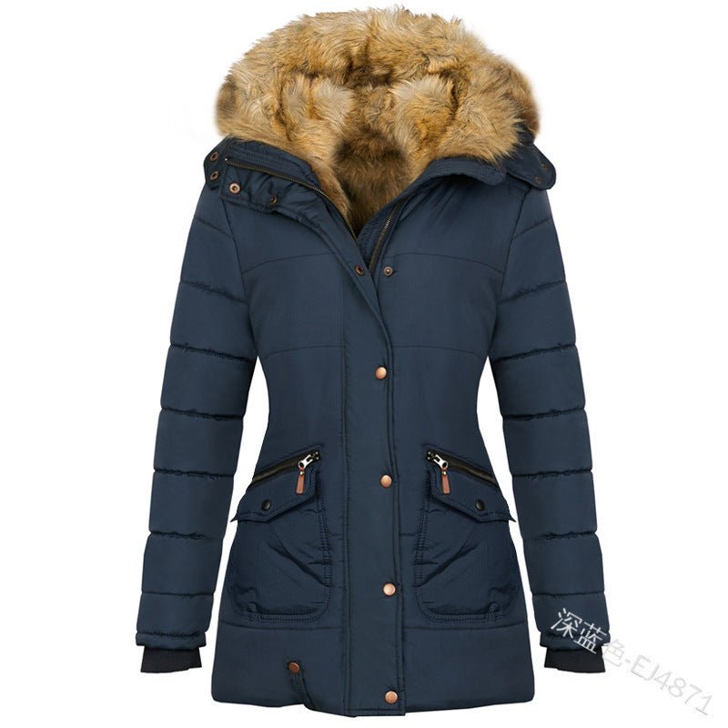 Exclusive Long Sleeved Pocket Decorated Waist Warm Cotton Padded Jacket — Black — Size S — Detail View