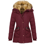 Exclusive Long Sleeved Pocket Decorated Waist Warm Cotton Padded Jacket — Black — Size S — Back View