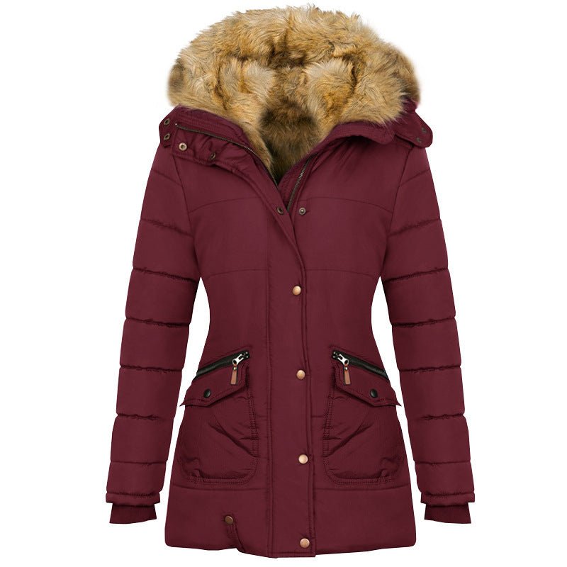 Exclusive Long Sleeved Pocket Decorated Waist Warm Cotton Padded Jacket — Black — Size S — Back View