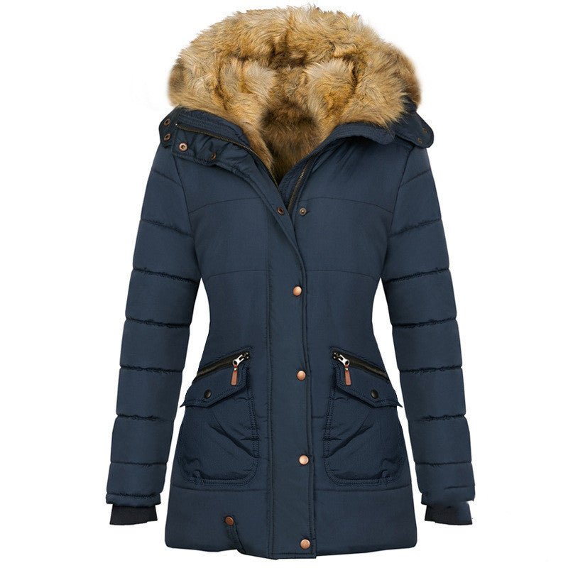 Exclusive Long Sleeved Pocket Decorated Waist Warm Cotton Padded Jacket — Black — Size S — Lifestyle View