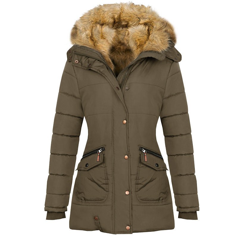 Exclusive Long Sleeved Pocket Decorated Waist Warm Cotton Padded Jacket — Black — Size S — Side View