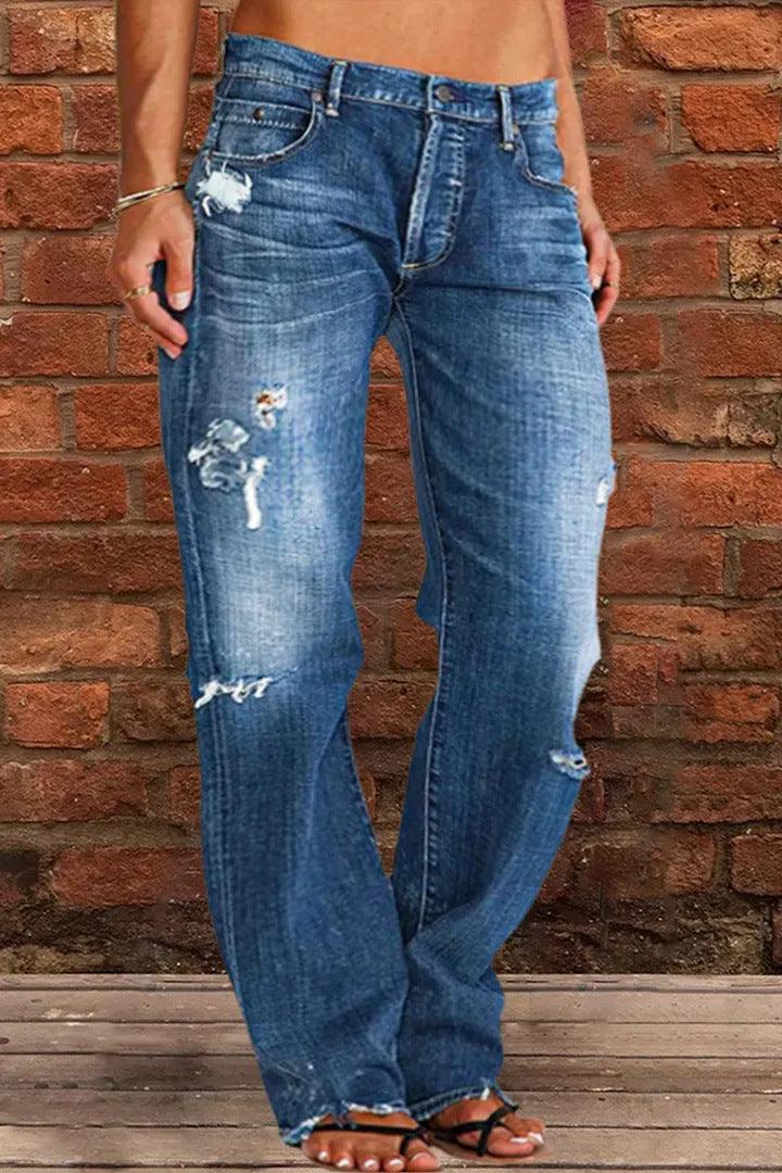 Exclusive Loose Wide Leg Denim Retro Washed Ripped Trousers — Blue — Size L — Detail View