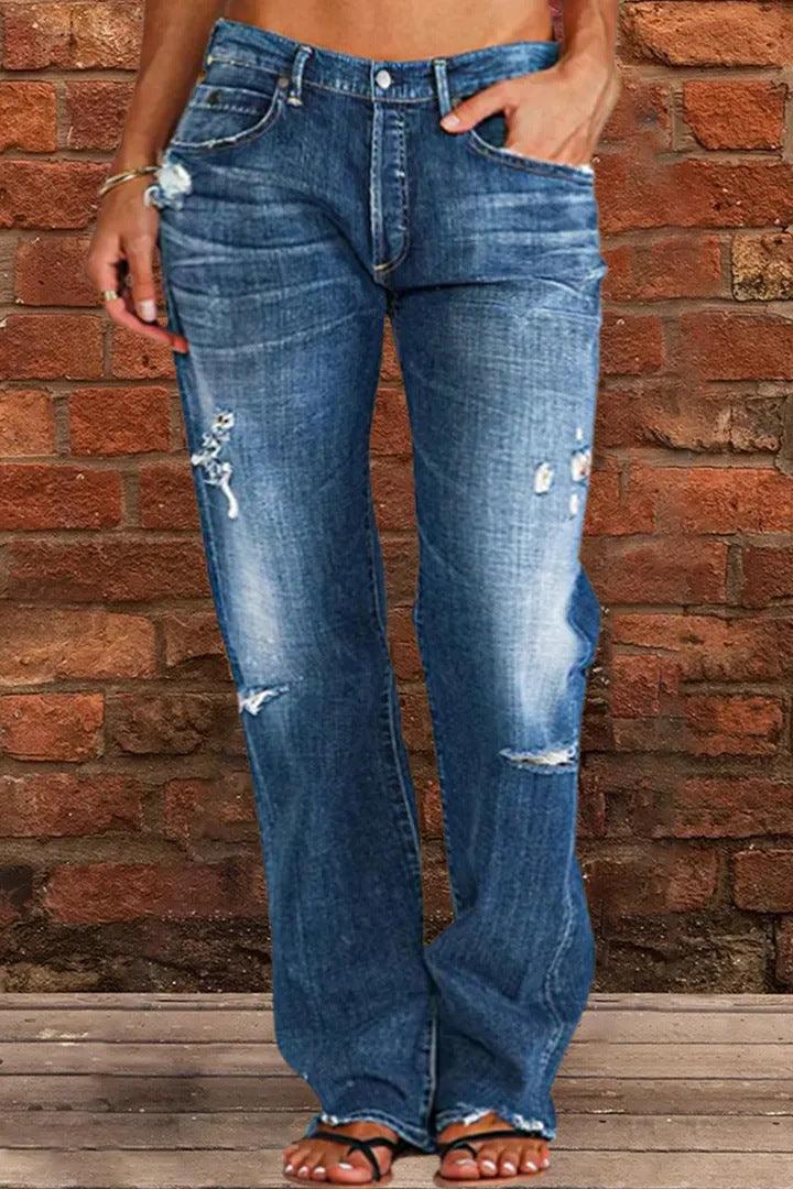 Exclusive Loose Wide Leg Denim Retro Washed Ripped Trousers — Blue — Size L — Top View