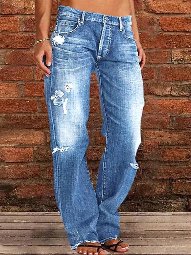 Exclusive Loose Wide Leg Denim Retro Washed Ripped Trousers — Blue — Size L — Side View