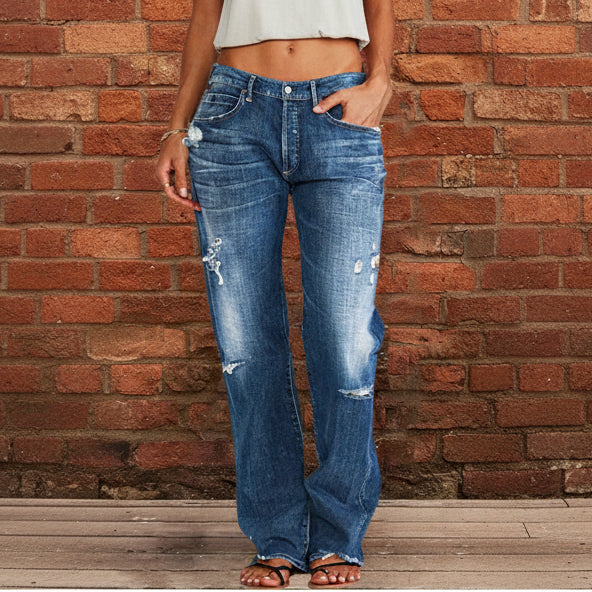 Exclusive Loose Wide Leg Denim Retro Washed Ripped Trousers — Blue — Size L — Front View