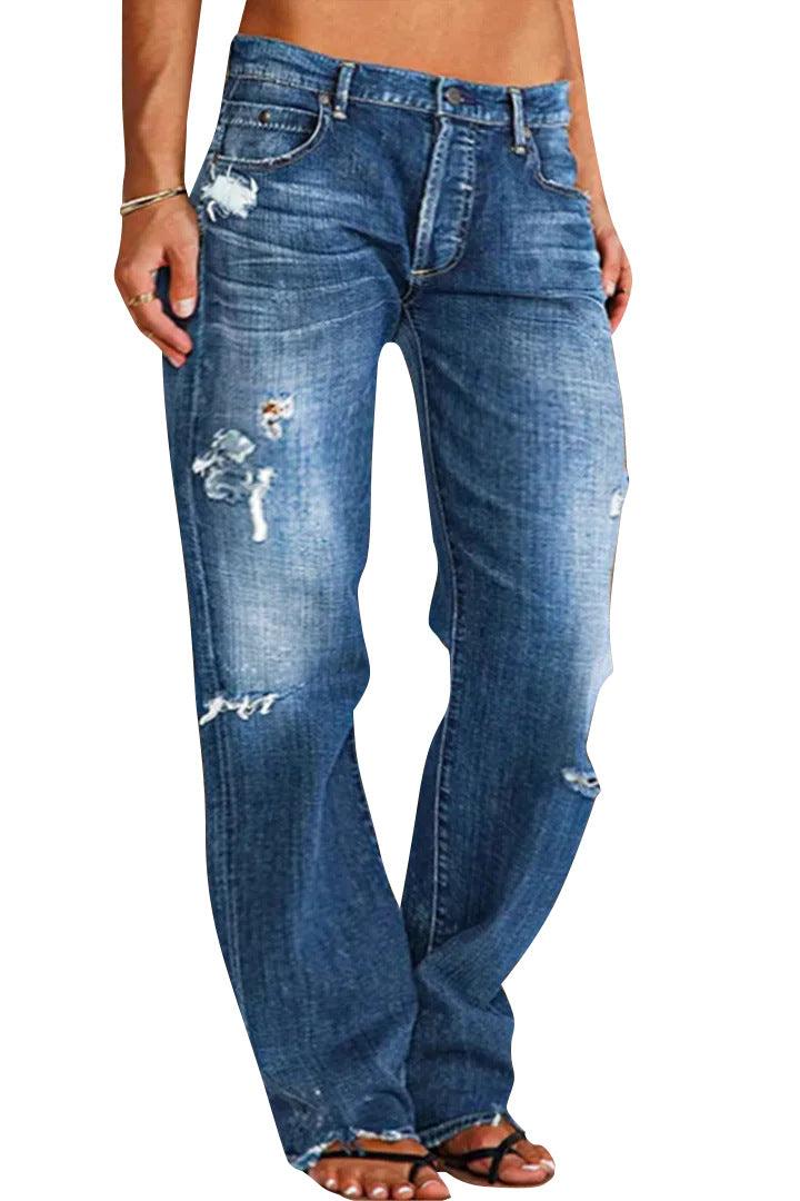 Exclusive Loose Wide Leg Denim Retro Washed Ripped Trousers — Blue — Size L — Back View