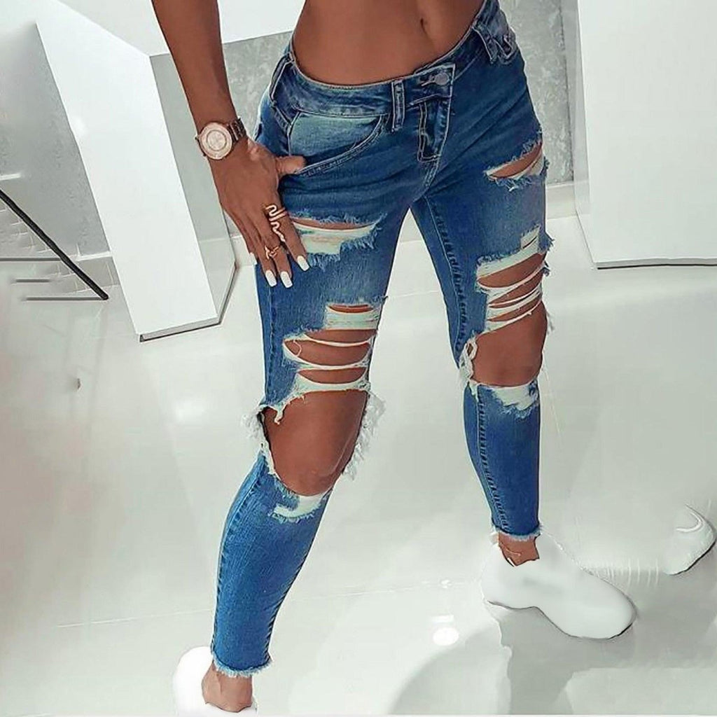 Exclusive Low-Rise Ripped Stretch Jeans — Blue — Size L — Front View