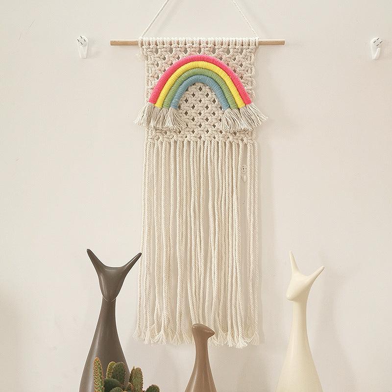 Exclusive Macrame Rainbow Hand-woven Tapestry Nordic Style — White — Side View