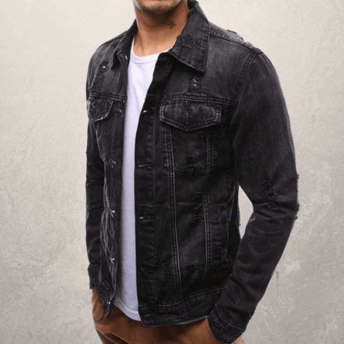 Exclusive Men Jeans Jacket — Black — Size 3XL — Back View