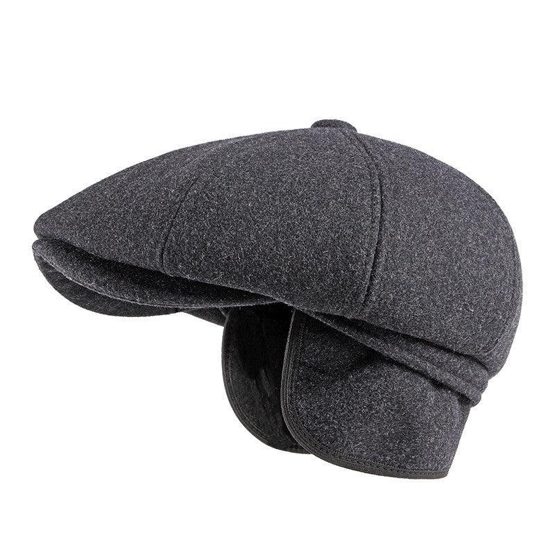 Exclusive Men's Cap With Warm Ear Protection Beret — Black — Size M — Back View