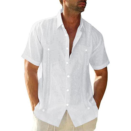 Exclusive Men's Casual Guayabera Cuban Shirt — Army Green — Size 2XL — Top View