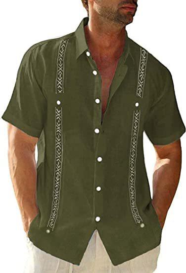 Exclusive Men's Casual Guayabera Cuban Shirt — Army Green — Size 2XL — Detail View