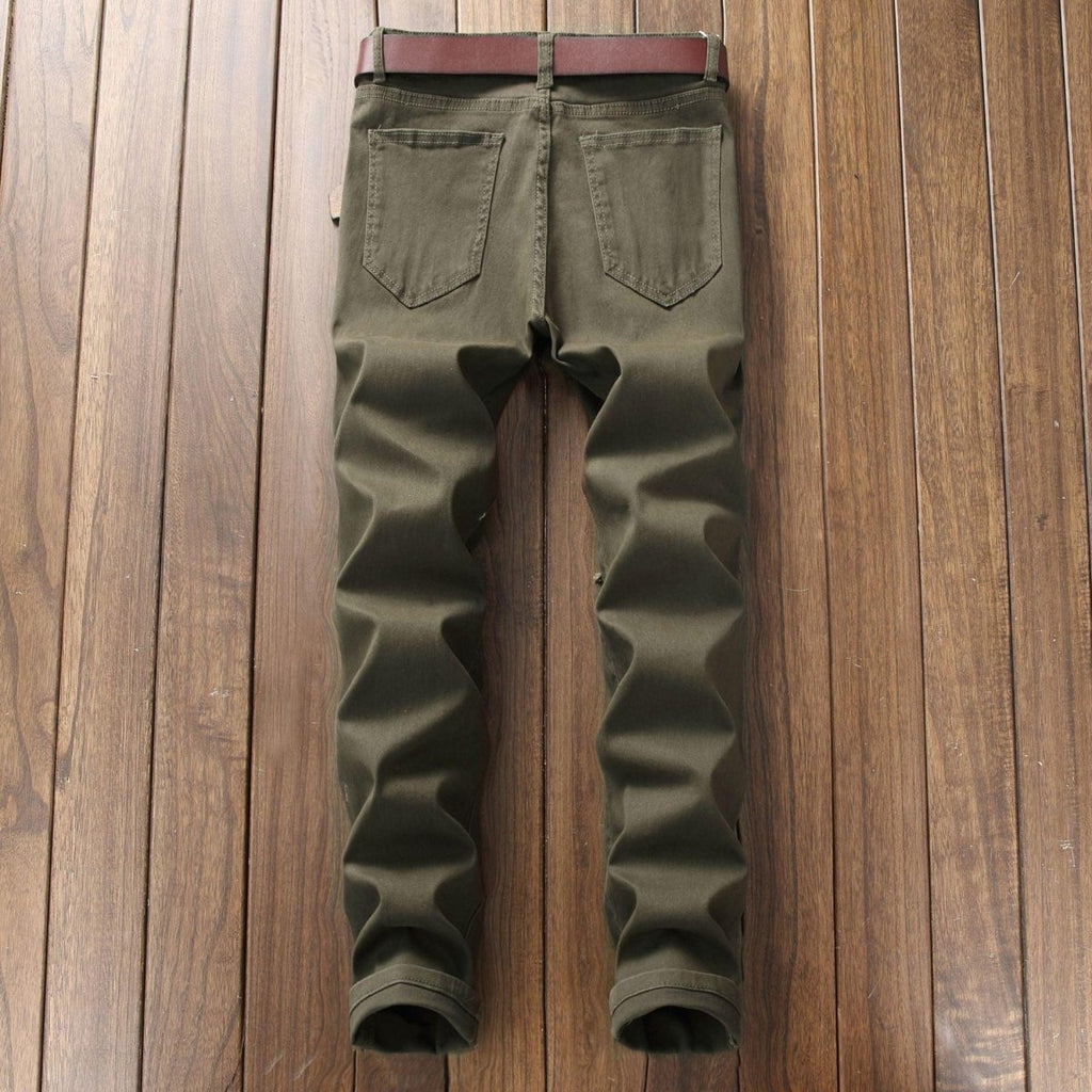 Exclusive Men's Casual Pants Large Ripped Slim Fit — Army Green — Size 30 — Back View