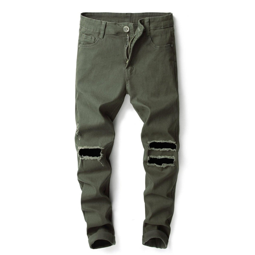 Exclusive Men's Casual Pants Large Ripped Slim Fit — Army Green — Size 30 — Side View