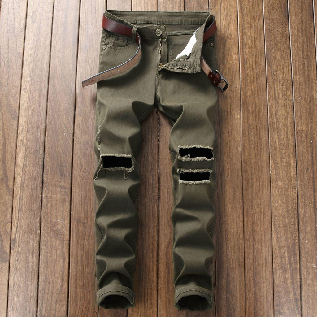 Exclusive Men's Casual Pants Large Ripped Slim Fit — Army Green — Size 30 — Front View