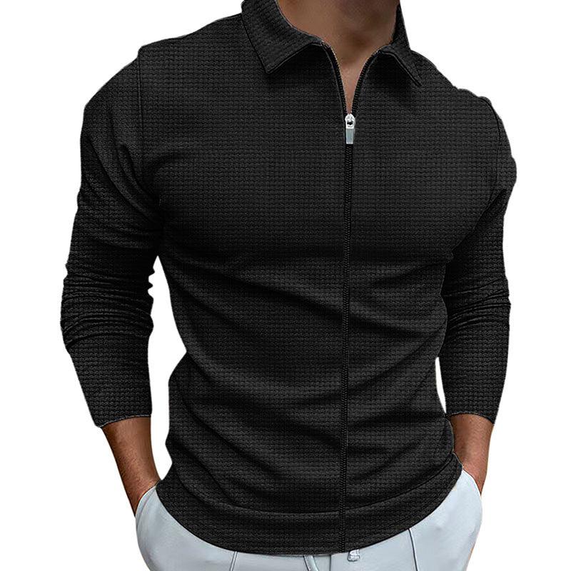 Exclusive Men's Clothing Waffle Style Zipped Lapel Jacket — Black — Size L — Detail View