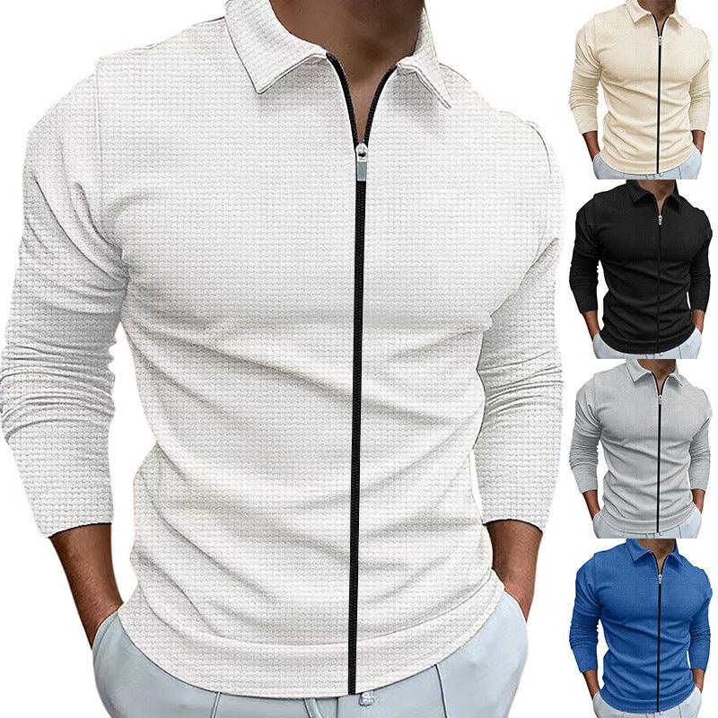 Exclusive Men's Clothing Waffle Style Zipped Lapel Jacket — Black — Size L — Front View