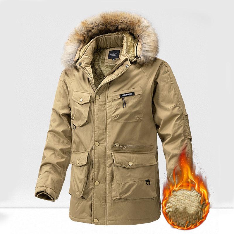 Exclusive Men's Hooded Warm Big Collar Coat — Army Green — Size 2XL — Front View