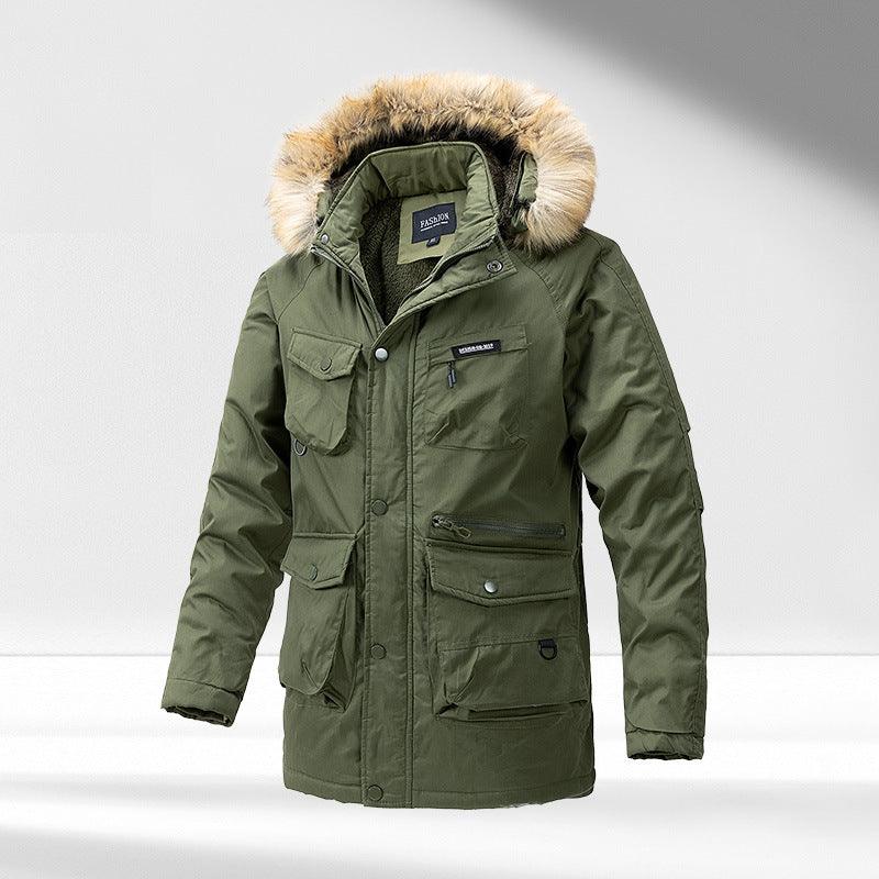 Exclusive Men's Hooded Warm Big Collar Coat — Army Green — Size 2XL — Detail View