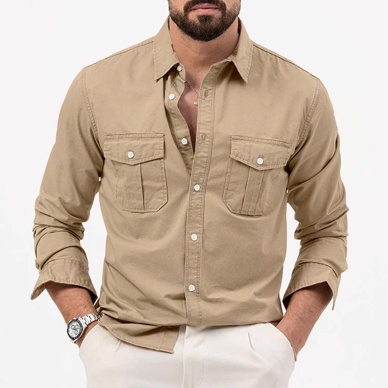 Exclusive Men's Multi-pocket Solid Color Casual Long Sleeves Top — Army Green — Size L — Side View