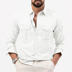 Exclusive Men's Multi-pocket Solid Color Casual Long Sleeves Top — Army Green — Size L — Detail View