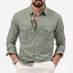 Exclusive Men's Multi-pocket Solid Color Casual Long Sleeves Top — Army Green — Size L — Lifestyle View