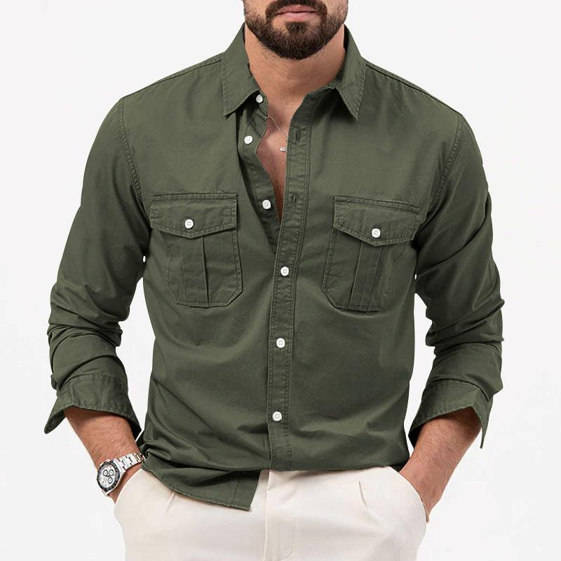 Exclusive Men's Multi-pocket Solid Color Casual Long Sleeves Top — Army Green — Size L — Back View
